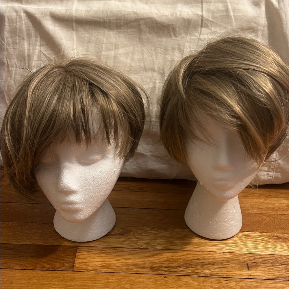 Set of 2 stylish Brown Women's Wigs, styrofoam display heads included .